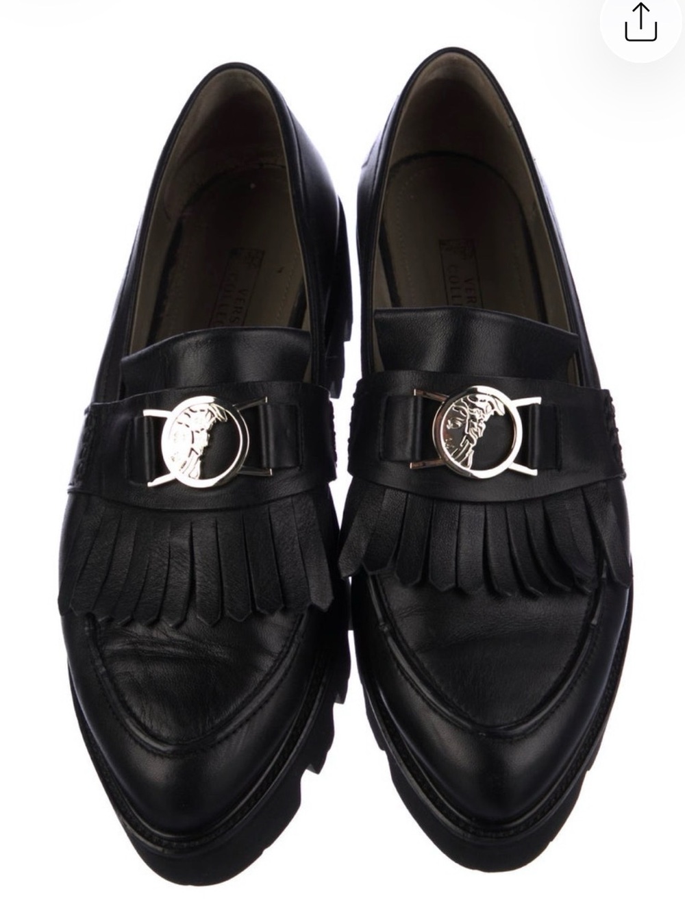 RARE Platform Versace Leather Fringe Loafers with Gold Medallion